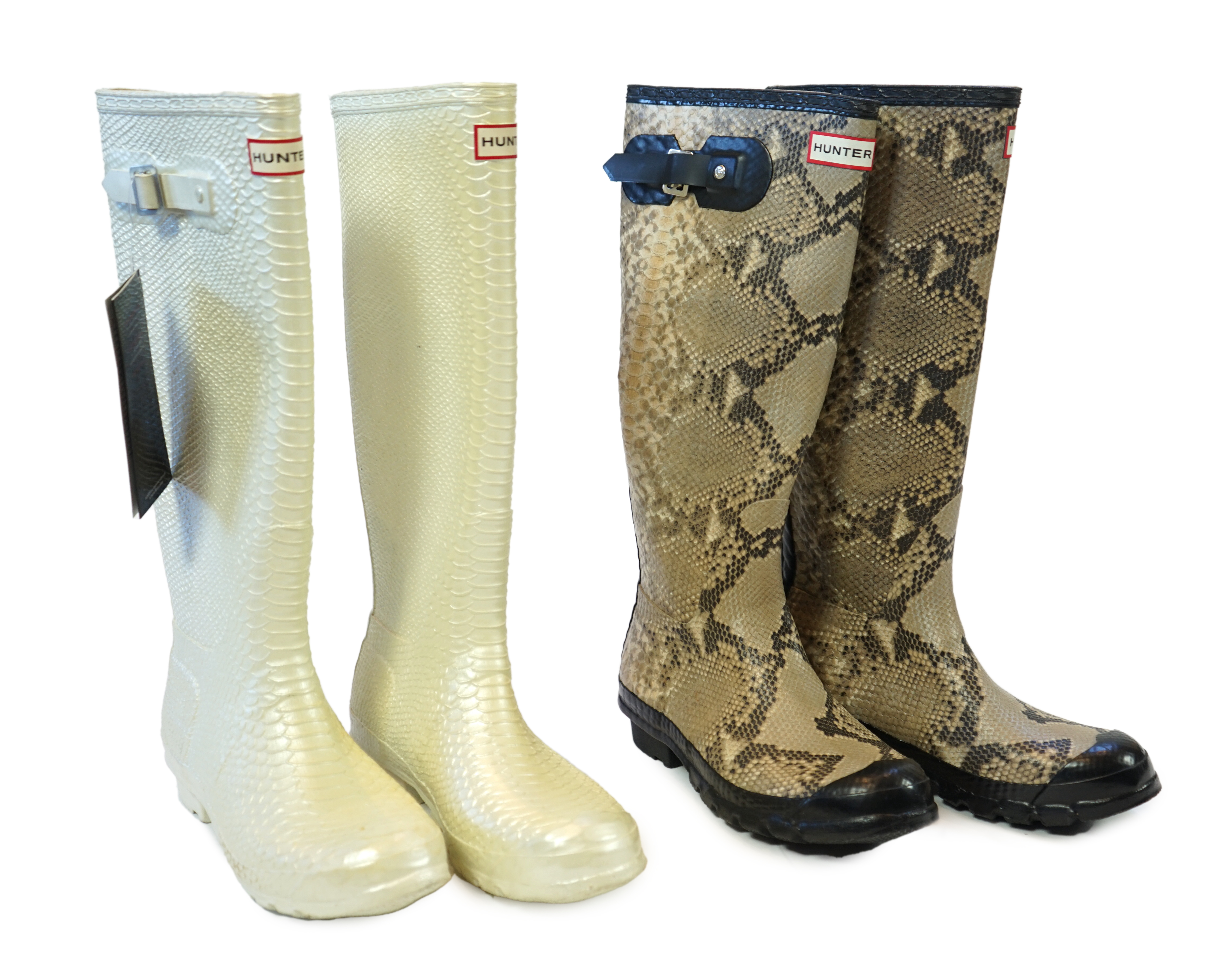 Two pairs of lady's Hunter snake-skin effect wellington boots, size UK 7